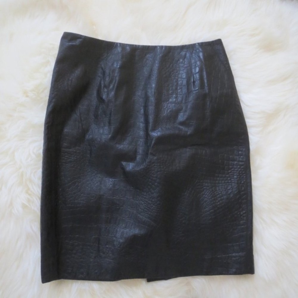 ANNE KLEIN BLACK LEATHER ALLIGATOR PATTERN PRINT BLACK MINI SKIRT 8